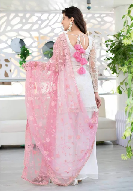 ست کرت سفید با دوپاتا با کار نخ سنگین (ست ۳ تکه)